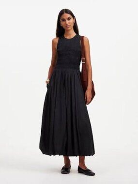NWOT Madewell Black The Melody Bubble-Hem Smocked Midi Dress Poplin - Size XL